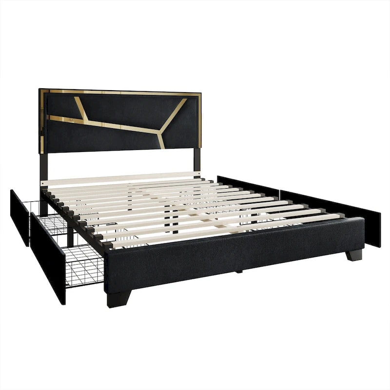Letto imbottito in velluto con cassetti contenitore | Nero / Blu navy / Grigio argento | Matrimoniale / Queen / King