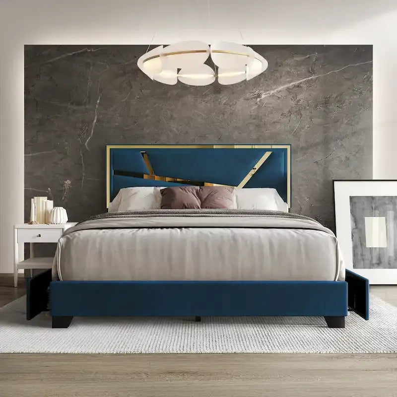 Letto imbottito in velluto con cassetti contenitore | Nero / Blu navy / Grigio argento | Matrimoniale / Queen / King