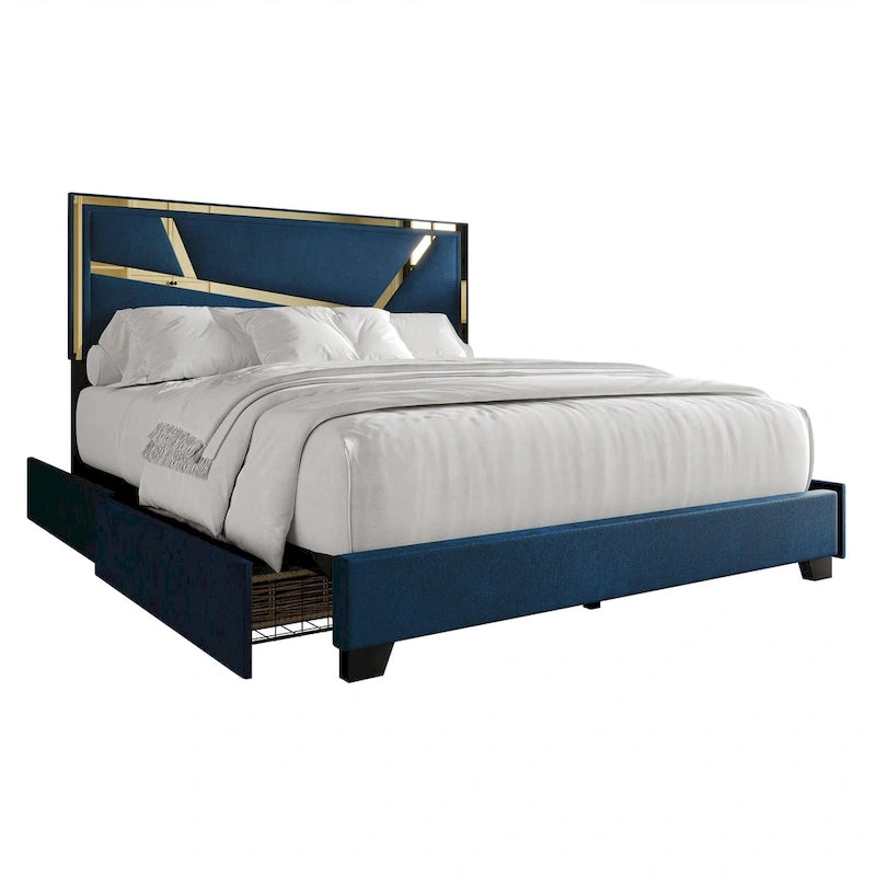 Letto imbottito in velluto con cassetti contenitore | Nero / Blu navy / Grigio argento | Matrimoniale / Queen / King