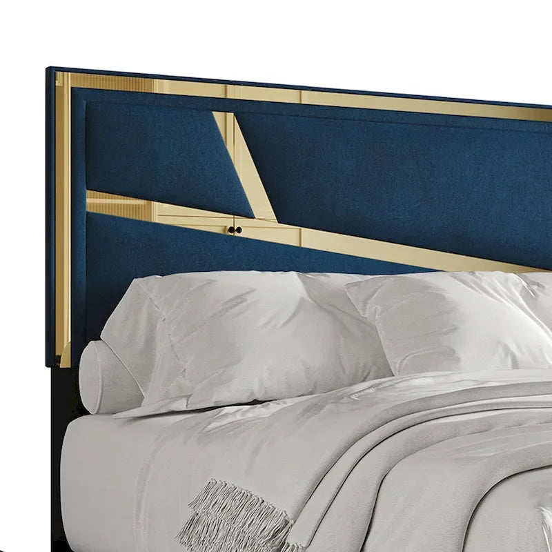 Letto imbottito in velluto con cassetti contenitore | Nero / Blu navy / Grigio argento | Matrimoniale / Queen / King