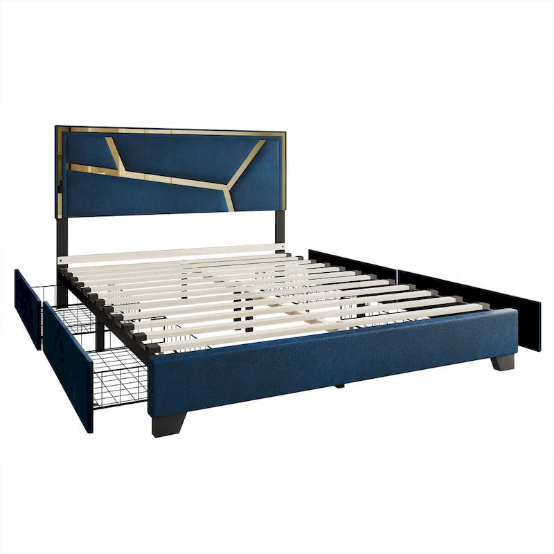 Letto imbottito in velluto con cassetti contenitore | Nero / Blu navy / Grigio argento | Matrimoniale / Queen / King