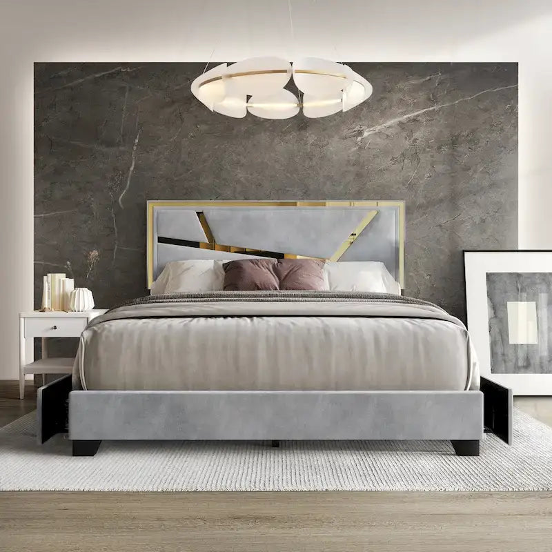 Letto imbottito in velluto con cassetti contenitore | Nero / Blu navy / Grigio argento | Matrimoniale / Queen / King