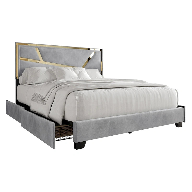 Letto imbottito in velluto con cassetti contenitore | Nero / Blu navy / Grigio argento | Matrimoniale / Queen / King