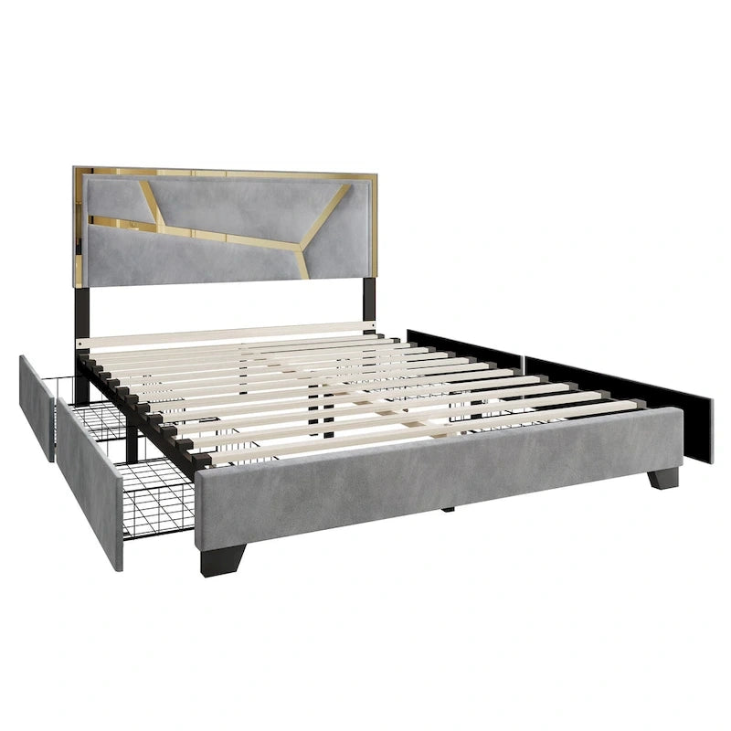 Letto imbottito in velluto con cassetti contenitore | Nero / Blu navy / Grigio argento | Matrimoniale / Queen / King