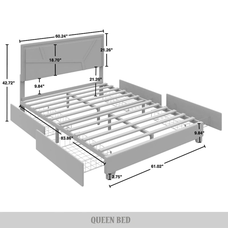 Letto imbottito in velluto con cassetti contenitore | Nero / Blu navy / Grigio argento | Matrimoniale / Queen / King
