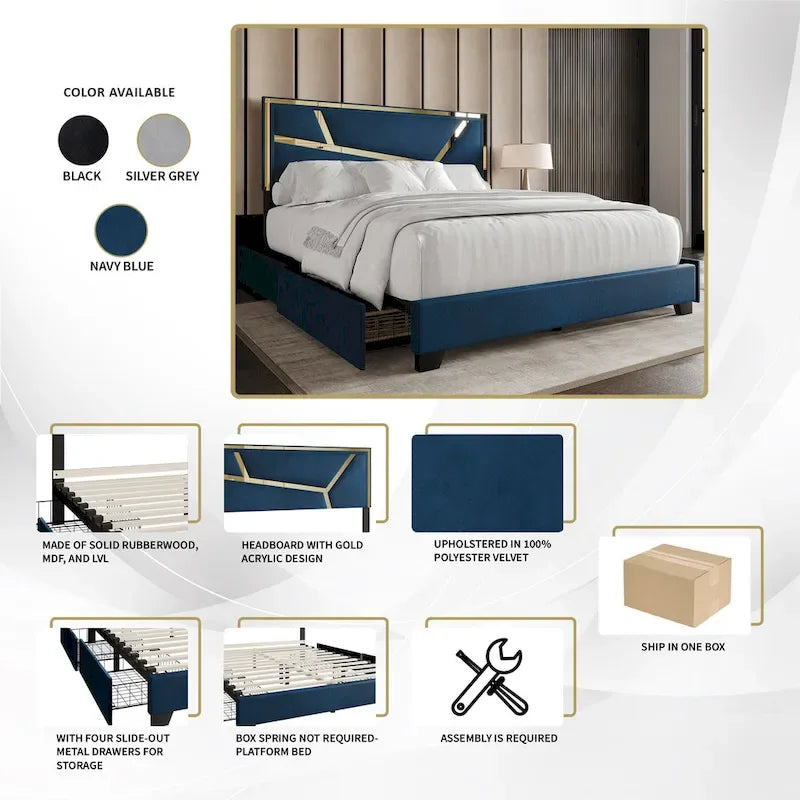 Letto imbottito in velluto con cassetti contenitore | Nero / Blu navy / Grigio argento | Matrimoniale / Queen / King