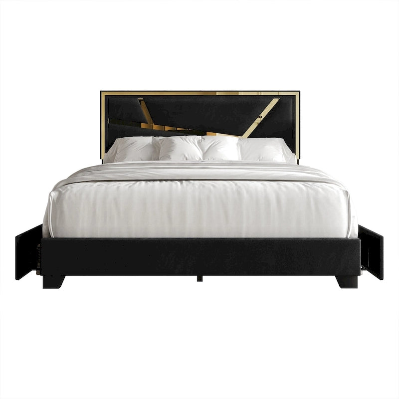 Letto imbottito in velluto con cassetti contenitore | Nero / Blu navy / Grigio argento | Matrimoniale / Queen / King
