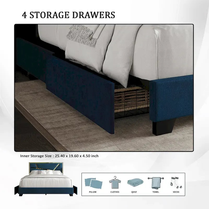 Letto imbottito in velluto con cassetti contenitore | Nero / Blu navy / Grigio argento | Matrimoniale / Queen / King