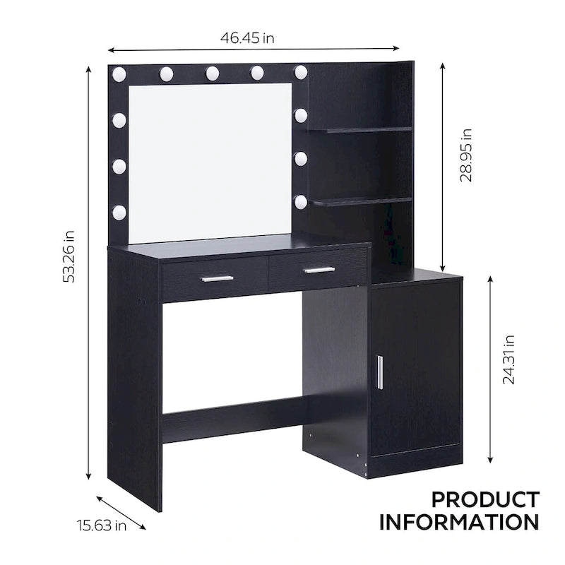 Toeletta con Specchio Illuminato, Nero / Rosa cipria / Bianco, 1 Posto, 2 Cassetti e Vani a Giorno