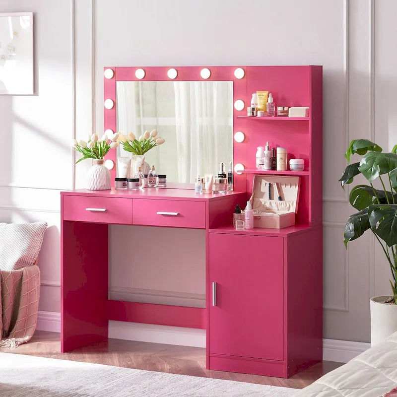 Toeletta con Specchio Illuminato, Nero / Rosa cipria / Bianco, 1 Posto, 2 Cassetti e Vani a Giorno