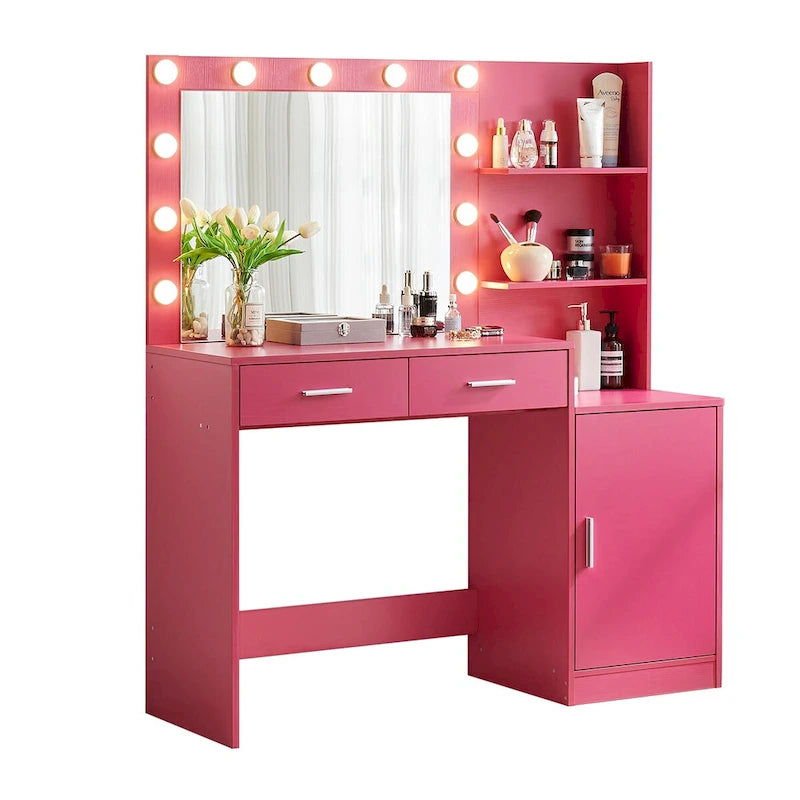Toeletta con Specchio Illuminato, Nero / Rosa cipria / Bianco, 1 Posto, 2 Cassetti e Vani a Giorno