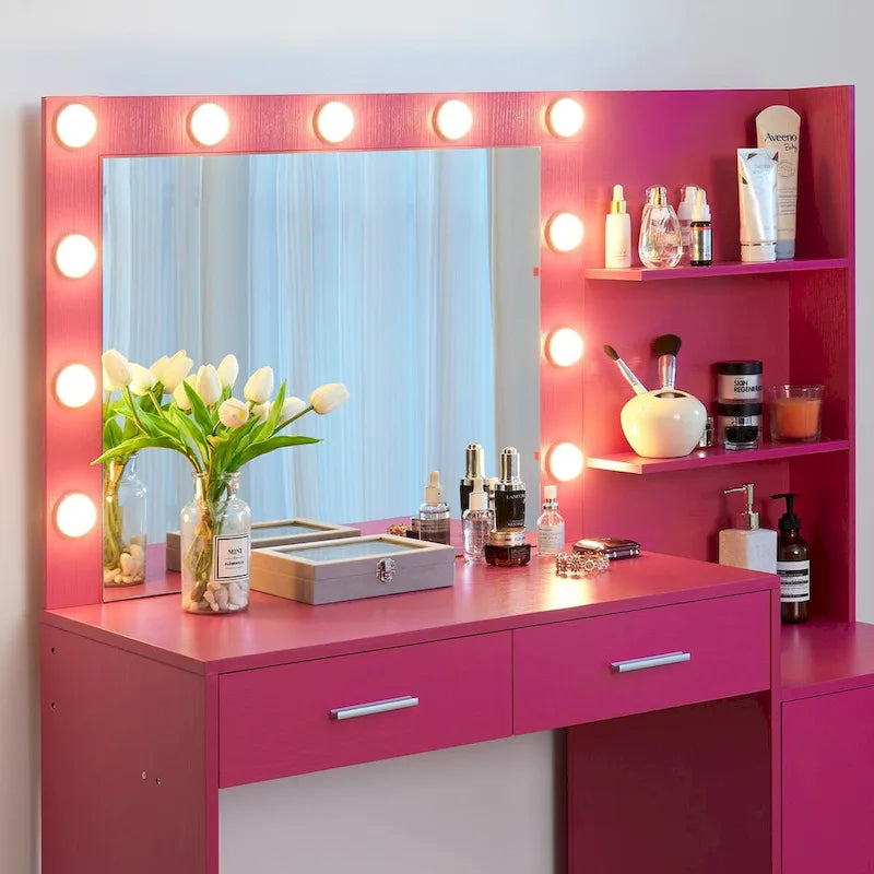 Toeletta con Specchio Illuminato, Nero / Rosa cipria / Bianco, 1 Posto, 2 Cassetti e Vani a Giorno