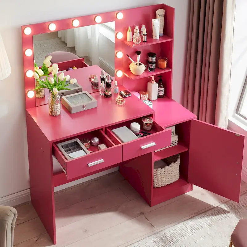 Toeletta con Specchio Illuminato, Nero / Rosa cipria / Bianco, 1 Posto, 2 Cassetti e Vani a Giorno