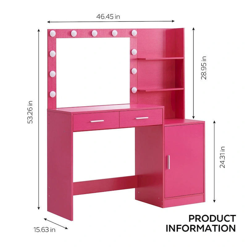 Toeletta con Specchio Illuminato, Nero / Rosa cipria / Bianco, 1 Posto, 2 Cassetti e Vani a Giorno