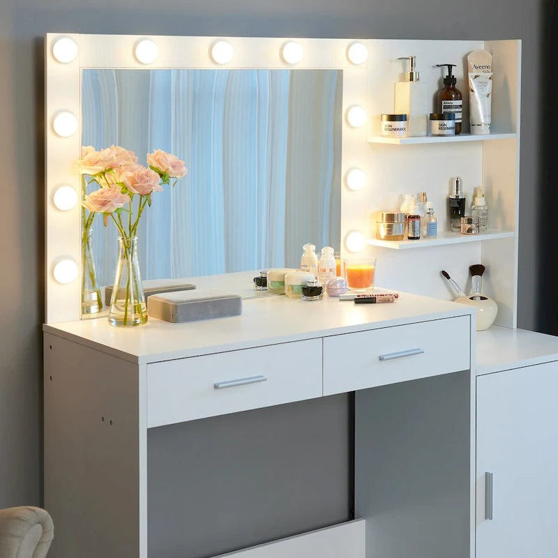 Toeletta con Specchio Illuminato, Nero / Rosa cipria / Bianco, 1 Posto, 2 Cassetti e Vani a Giorno