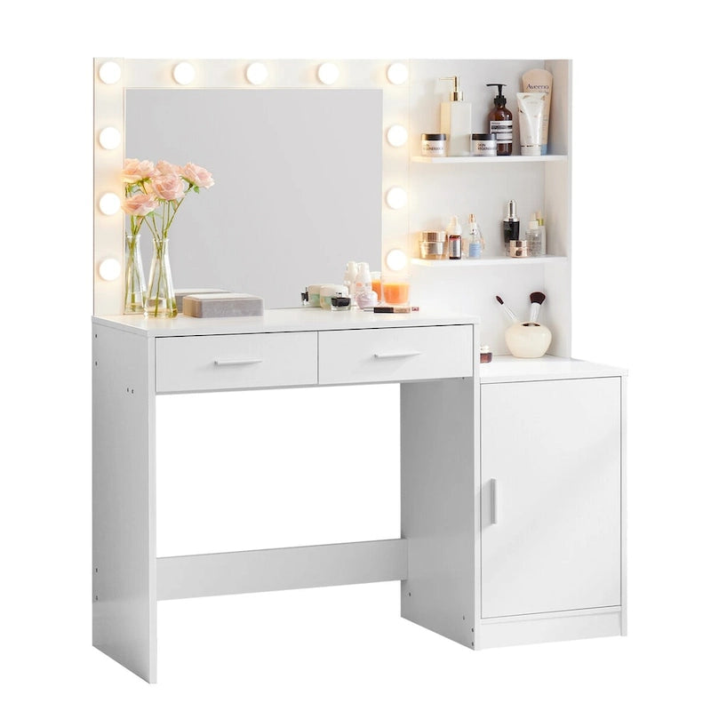 Toeletta con Specchio Illuminato, Nero / Rosa cipria / Bianco, 1 Posto, 2 Cassetti e Vani a Giorno