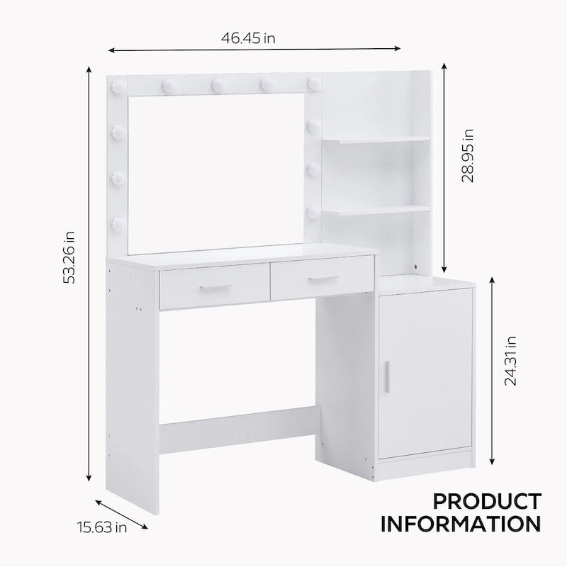 Toeletta con Specchio Illuminato, Nero / Rosa cipria / Bianco, 1 Posto, 2 Cassetti e Vani a Giorno